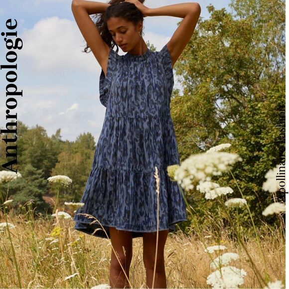 ANTHROPOLOGIE JENEE TIERED TUNIC DRESS IN BLUE MOTIF LARGE NWT - Picture 1 of 5